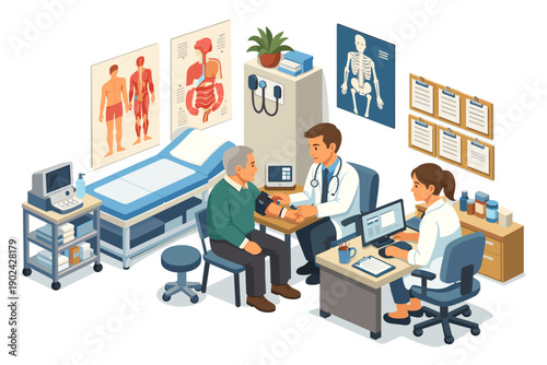 Doctor measuring blood pressure of an elderly patient in a modern clinic examination room