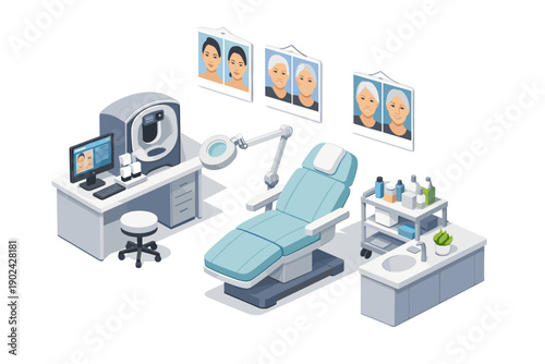 Modern dermatology clinic setup with advanced skin analysis equipment and treatment chair
