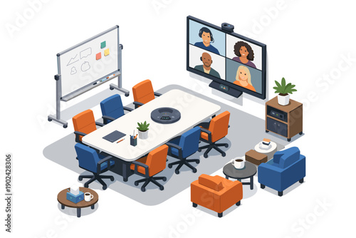 Modern conference room with video conferencing and whiteboard for remote collaboration