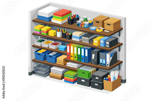 Organized office supply shelves filled with stationery, binders, and storage boxes