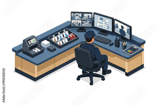 Security guard monitors surveillance cameras and access control at a control room desk