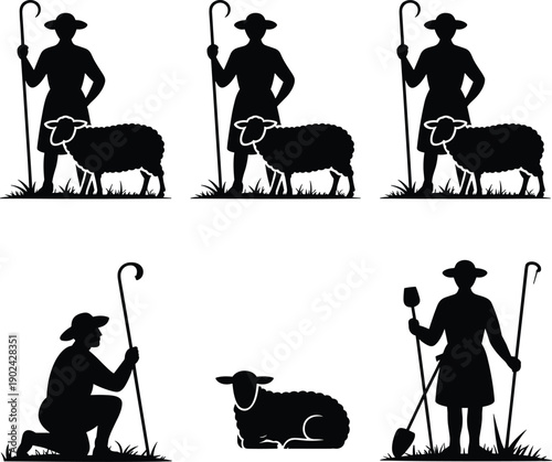 Shepherd silhouette, sheep illustration, pastoral farming, rural lifestyle, crook and shovel, livestock care, countryside tradition, agriculture, shepherd poses, animal husbandry