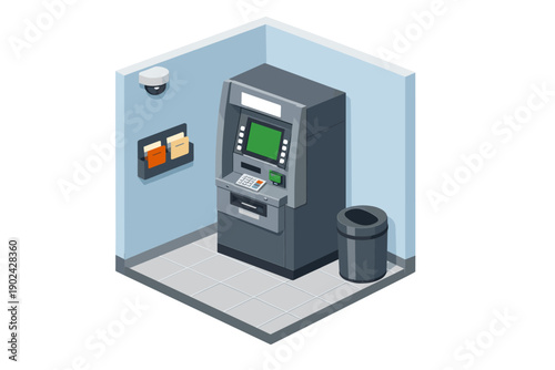 Isometric bank ATM kiosk in a corner with security camera, brochure rack and trash bin
