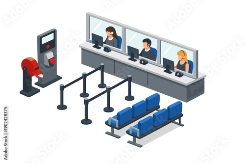 Isometric illustration of a service counter with waiting area and ticket dispenser