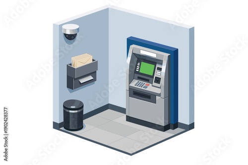 Isometric view of an ATM machine in a bank lobby with security camera and mail holder