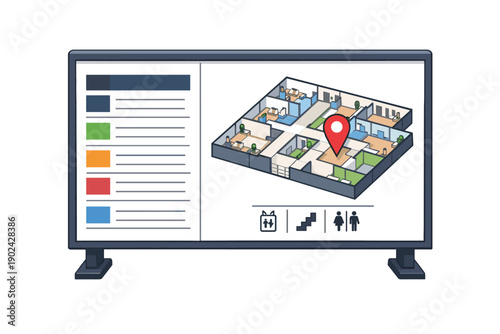 Digital floor plan displayed on a screen with navigation icons and data visualization