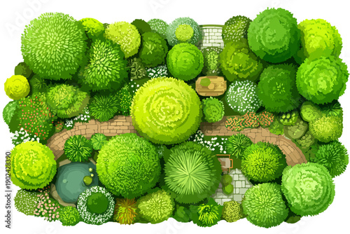 Widok z lotu ptaka na zielony ogród z drzewami, krzewami i ścieżkami z kamienia