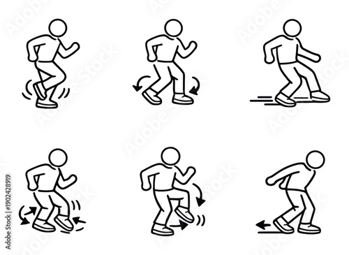 Simple dance routine illustrations: step-by-step dance moves in cartoon style