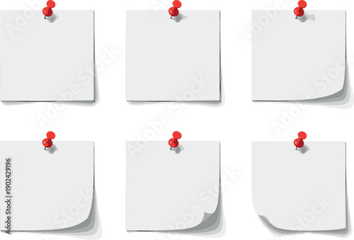 Set of Blank White Sticky Notes with Red Push Pins and Different Curled Corners Isolated on White Background for Office Reminders Tasks and Message Board Design