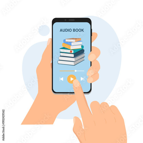 Hand holding smartphone with stack of audio books and player interface. Online education, e-learning, podcast, webinar