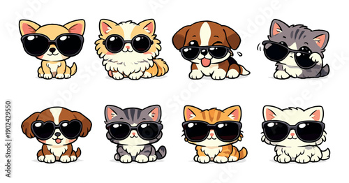Cute cartoon cats and dogs wearing sunglasses