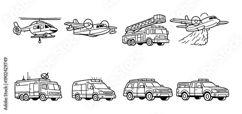 Set of eight cartoon vehicles: helicopter, plane, firetruck, and trucks on gradient background