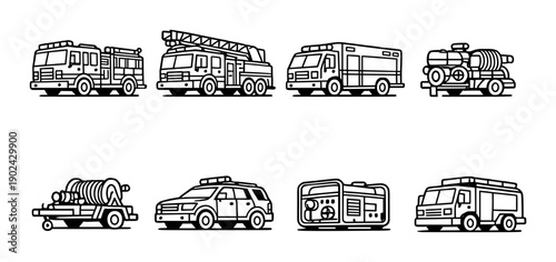Vector icons of emergency vehicles including fire trucks and water tankers