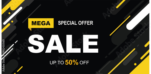 A mega special offer sale advertisement with up to 50 percent off on a black background with yellow and white accents