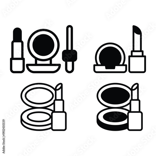 Vector illustration of makeup icons including lipstick and compact powder