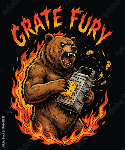 War With Cheese Grater A Funny Bear illustration T-shirt Design
