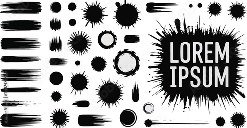 Collection of black ink splatter and brush stroke elements abstract grunge design for artistic backgrounds and creative projects isolated on white
