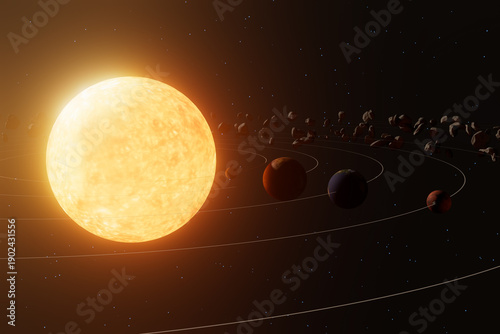Photos Solar system model with sun and orbiting planets and asteroids in space at night