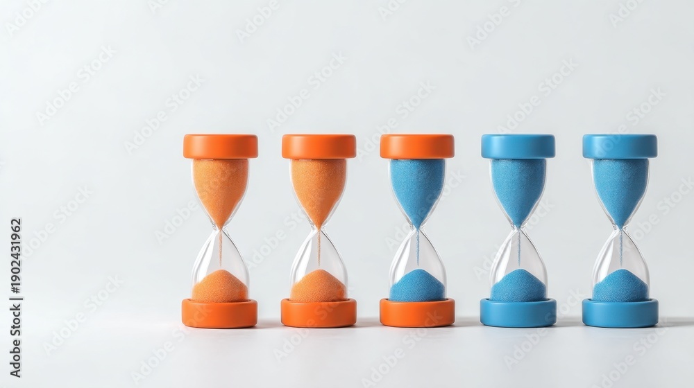 Fototapeta premium Five Distinct Hourglass Sand Clocks in Vibrant Colors of Orange and Blue on a Light Background
