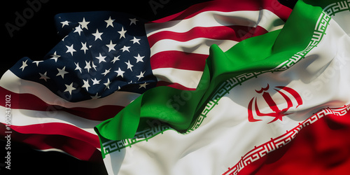Flags of the United States and Iran overlap in a detailed display of colors and design during a significant moment in international relations