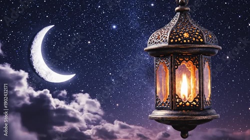 Ramadan Lantern Hanging Night Sky Crescent Moon Stars Clouds Cinematic Shot Festive Celebration