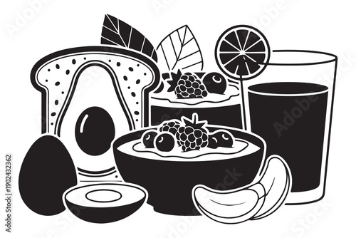 A delightful assortment of breakfast foods including fruits, bread, and beverages