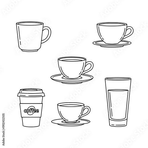 Outline coffee and tea cup line art black vector icon collection