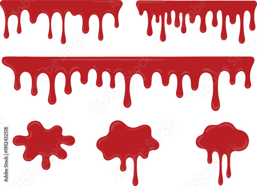 Red dripping liquid or paint splatters and borders, Halloween or horror graphic elements