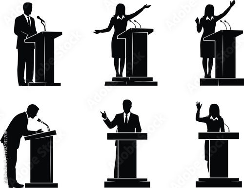 Public speaker silhouettes at podiums set with men and women giving speeches leadership presentation flat vector illustration