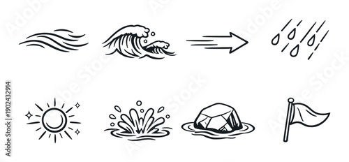 Minimalist weather icons featuring waves, sun, raindrops, iceberg, and flag
