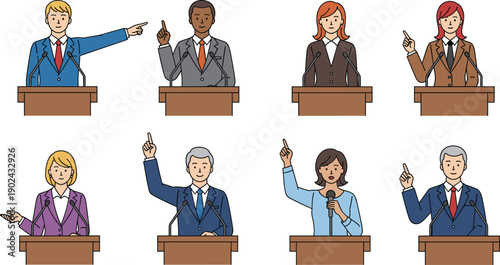 Political leaders and candidates speaking at podiums collection diverse men and women giving speeches flat vector illustration