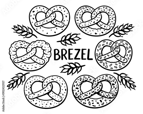 Hand drawn pretzel vector set with wheat elements. Black and white doodle bakery illustration for packaging, menus and food design.