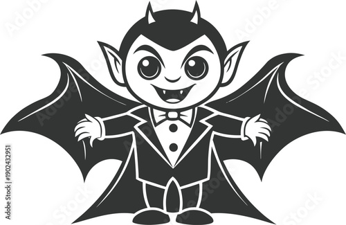 Cute cartoon vampire boy with bat wings and sharp fangs, wearing tuxedo, ready for halloween party