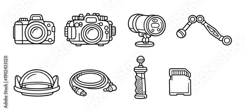 Outline icons of cameras, microphone, memory card, and photography equipment