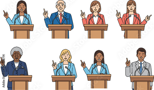 Political speakers and leaders at podiums collection diverse candidates giving speeches election democracy flat vector illustration