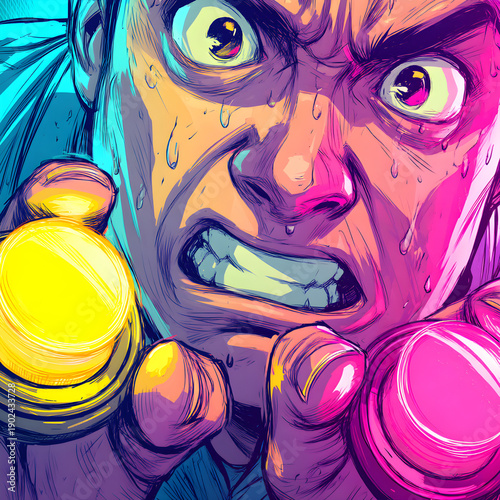 Intense gamer with sweat and determination, playing video games with colorful buttons