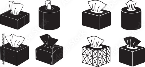 Eight black tissue boxes with white tissues in various styles