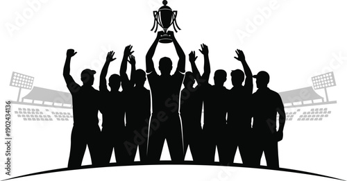 Victorious team celebrating with trophy in stadium