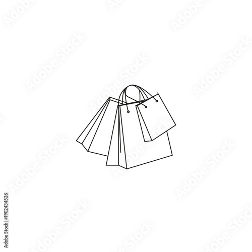 Simple black line art drawing of several retail paper shopping bags with handles against a white background