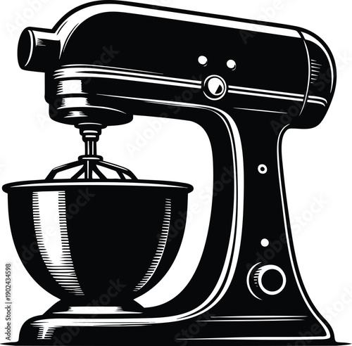 Retro stand mixer vintage kitchen appliance illustration black and white vector graphic for baking and cooking concepts isolated on white background