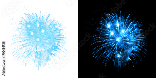 Blue fireworks explosion on transparent and black background, festive celebration abstract background, bright sparks and light trails