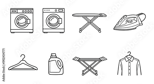 Laundromat essentials: washing machines, iron, detergent, and laundry accessories icons