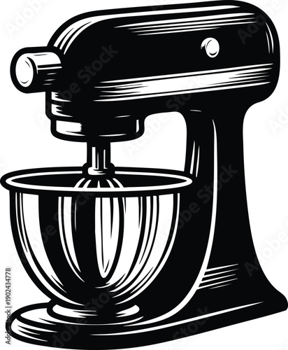 Retro stand mixer vintage kitchen appliance illustration black and white graphic for baking and cooking concepts isolated on white isolated on white background