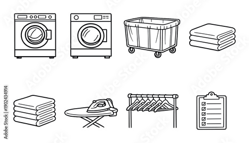 Essential laundry room icons featuring washing machines baskets and ironing boards