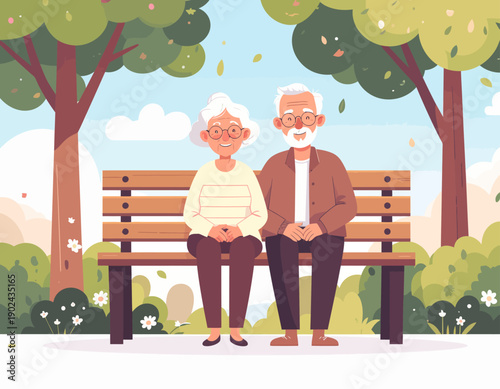 Happy Elderly Couple Sitting on Park Bench Vector Illustration