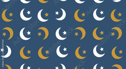 Seamless Celestial Pattern of White and Gold Moons and Stars on Dark Blue