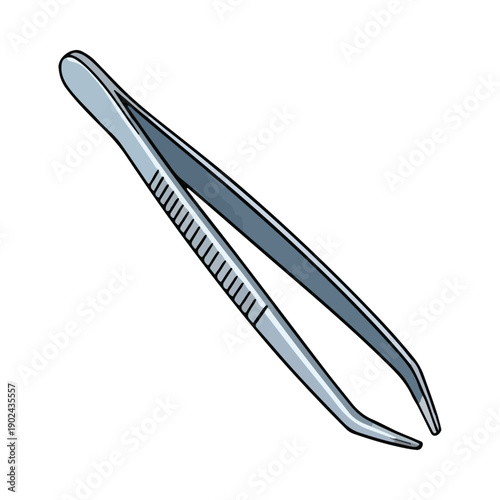 Stylized illustration of silver metal tweezers featuring textured grip points and slightly angled tips for precision work.