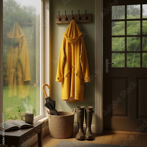 Yellow Raincoat Hanging by Door on Rainy Day