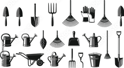 Gardening tools icons set, shovel rake watering can wheelbarrow gloves fork bucket, garden equipment illustration collection design artwork