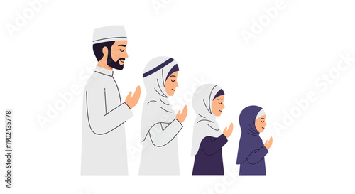 Muslim Family Praying Together in Traditional Clothing Isolated on White Background